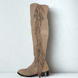 Steve Madden Women's Over The Knee Tall Tan Suede Fringe Flat Heel Boots 6.5